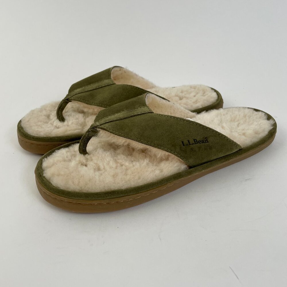 L.L. Bean Wicked Good Shearling Lined Flip Flops Slippers, Olive Green, Size 9